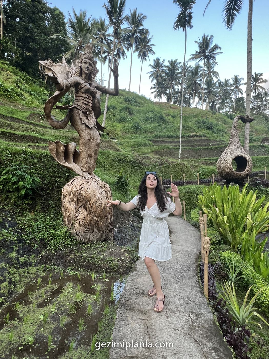 Bali'de taş heykelli bahçe yolu