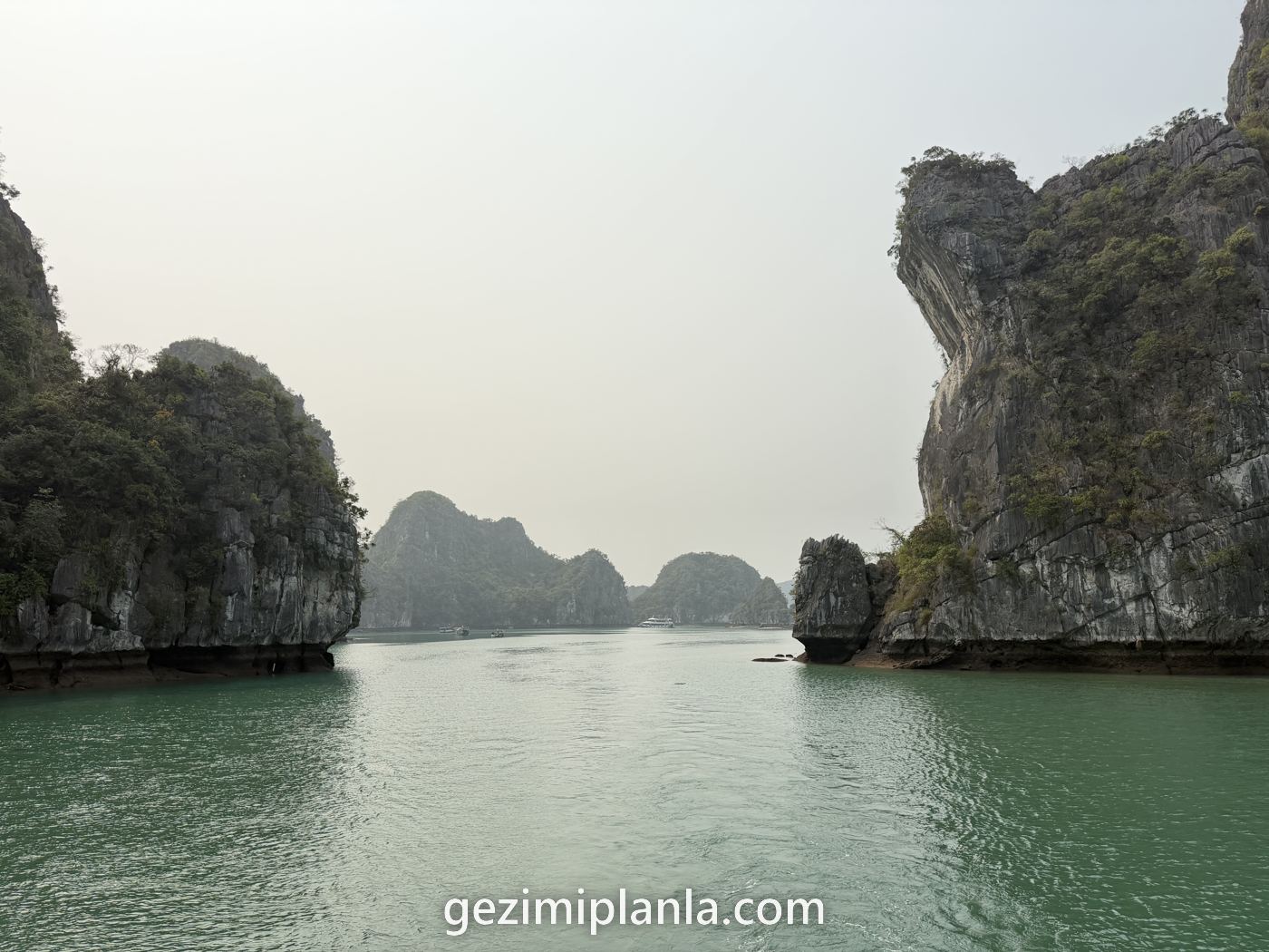 Ha Long Körfezi'nde kireçtaşı kayalar ve yeşil su